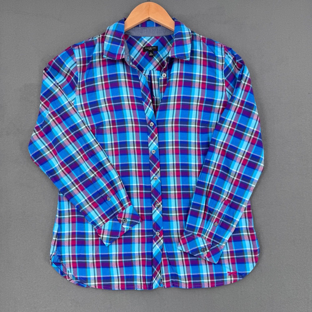 Talbots Plaid Button Down Shirt Women Size MP Blue Pink Cotton Preppy Classic